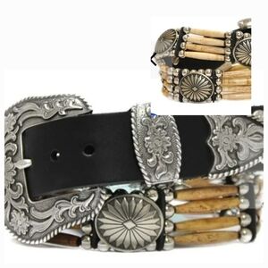 Cactus Mountain Western CMTEA Four Strand Beaded Bone Black Leather Belt